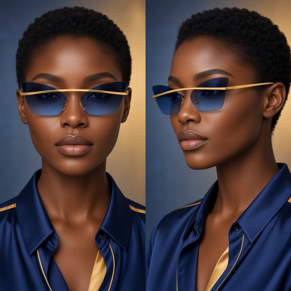 Gold Rimless Geometric Cat Eye Sunglasses Blue Tinted Lens Metal Frame Women New